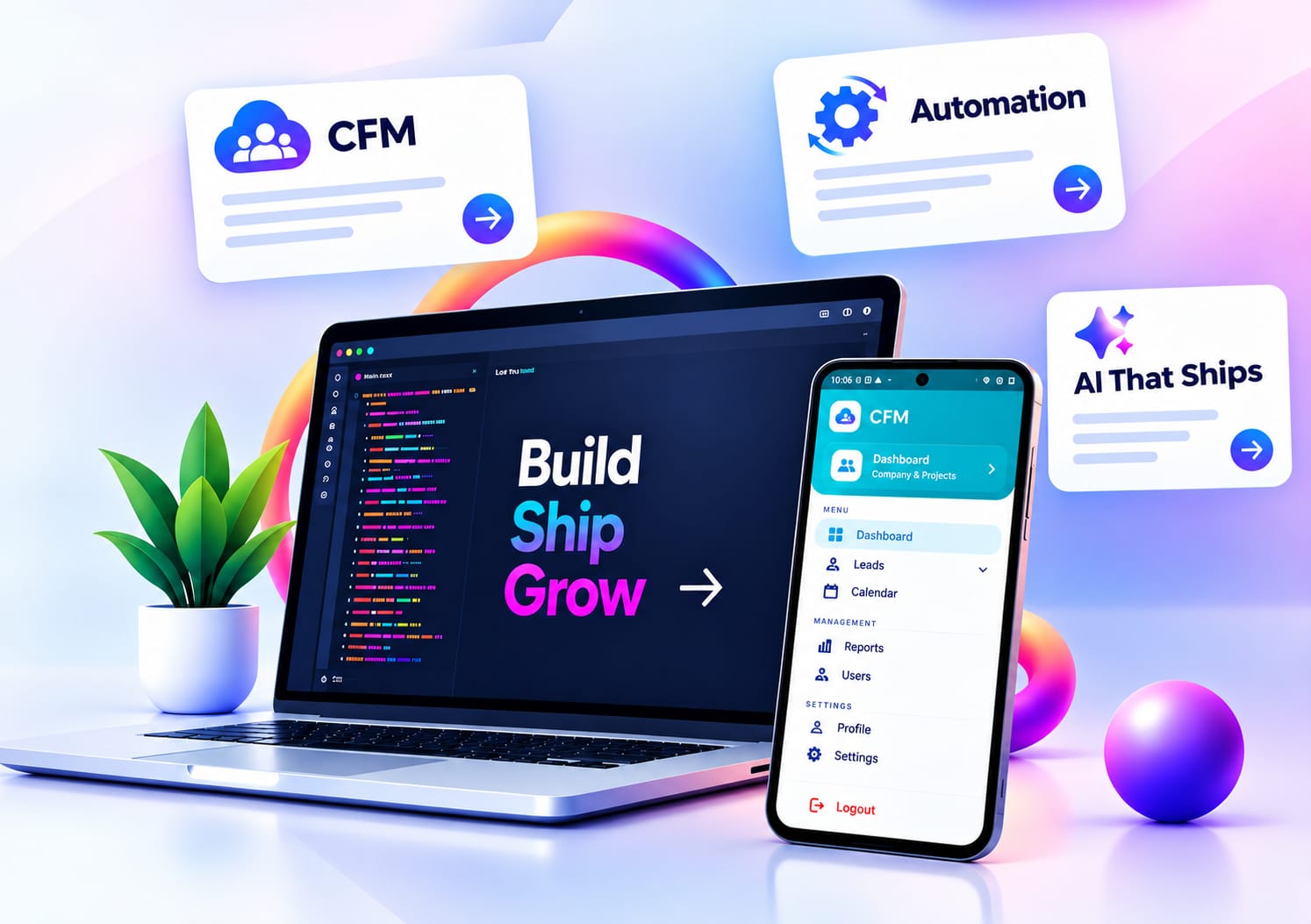 CastoTech products — CFM, Automation and AI on laptop and phone